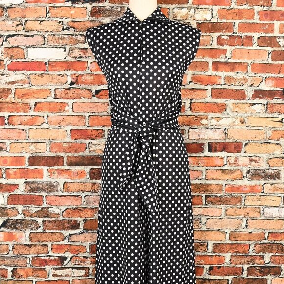 Vintage 70s Black & White Polka-dot CONNECTIONS Polyester Palazzo Pant Jumpsuit - Picture 2 of 12